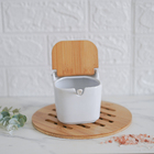 Saleiro de Mesa de Cerâmica Porta Sal Com Tampa De Bambu e Co
