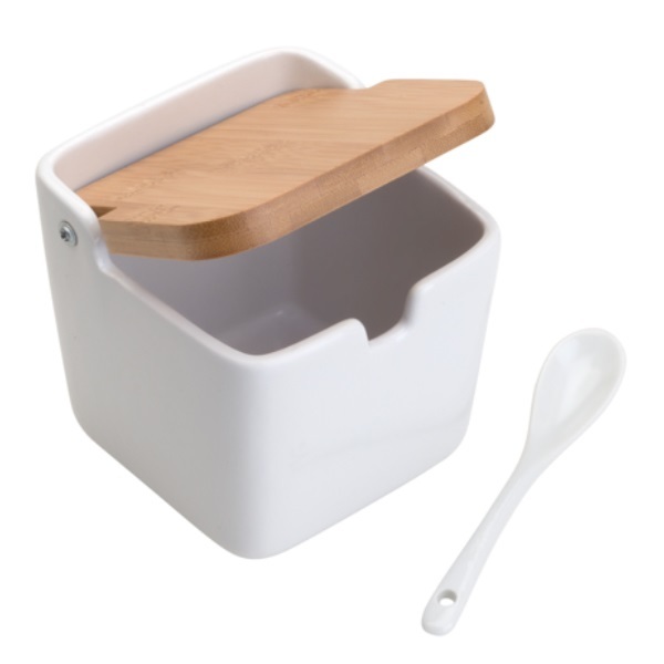 Saleiro Em Ceramica Com Tampa De Madeira E Colher Lyor 8475