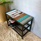 Sapateira De Porta Em Ferro Com Assento Em Mdf Madeira Pátina