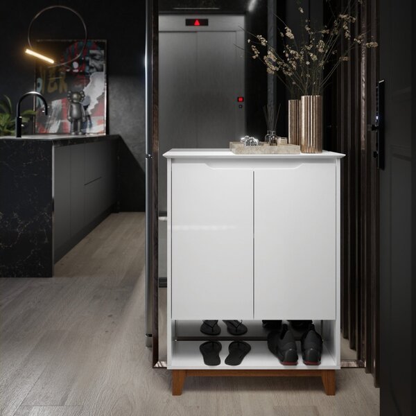 Sapateira Retrô Hall De Entrada Pés Em Madeira Flow  Branco