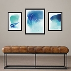 Set 3 Quadros Abstratos Aquarelas Azuis Moldura Preta