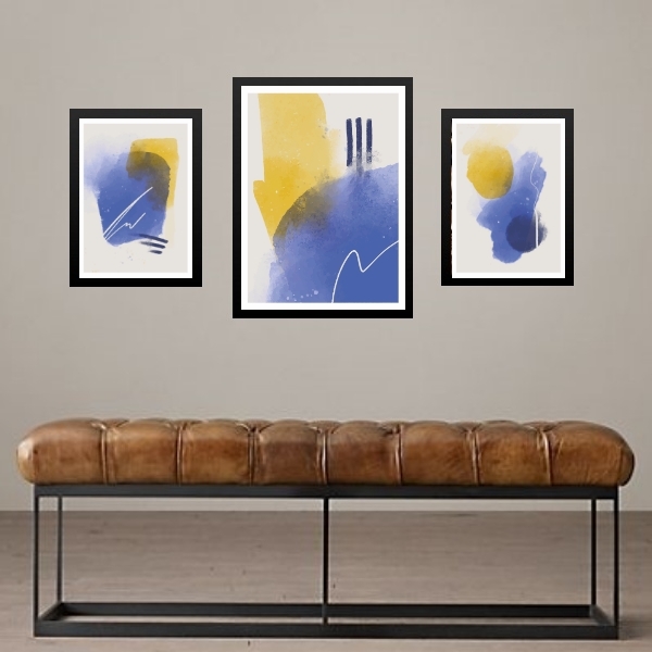 Set 3 Quadros Abstratos Azul E Amarelo - Com Vidro Moldura Pr