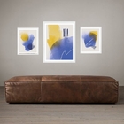 Set 3 Quadros Abstratos Azul E Amarelo - Com Vidro Moldura Pr