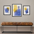 Set 3 Quadros Abstratos Azul E Amarelo Moldura Preta