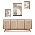 Set 3 Quadros Abstratos Bege E Cinza Moldura Preta