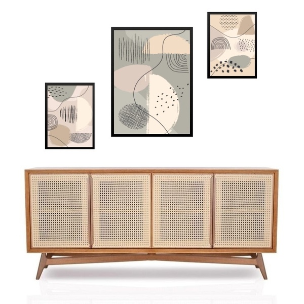 Set 3 Quadros Abstratos Bege E Cinza Moldura Preta