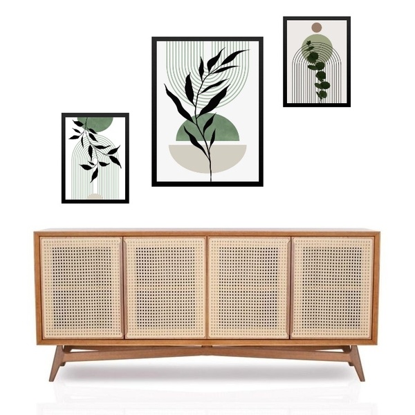 Set 3 Quadros Abstratos Com Folhas Verdes Moldura Preta