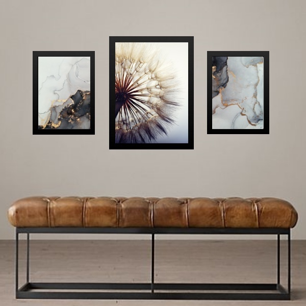 Set 3 Quadros Abstratos Dente De Leão Mármore - Com Vidro Mol