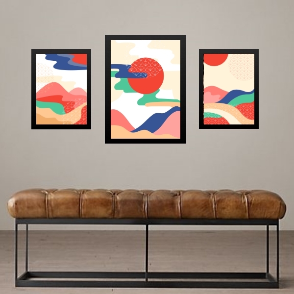 Set 3 Quadros Abstratos Paisagens Coloridas - Com Vidro Moldu