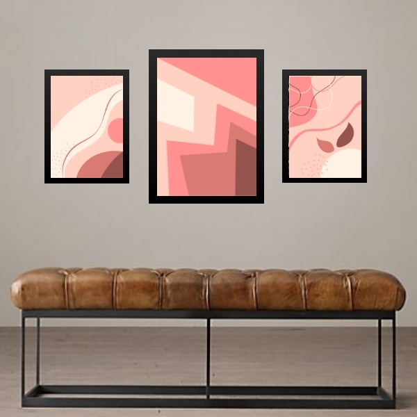 Set 3 Quadros Abstratos Rosas Moldura Preta