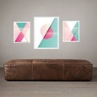 Set 3 Quadros Abstratos Verde E Rosa Moldura Branca