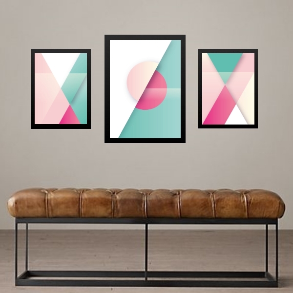 Set 3 Quadros Abstratos Verde E Rosa Moldura Branca