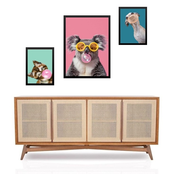 Set 3 Quadros Animais Bubble Gum Coloridos - Com Vidro Moldur