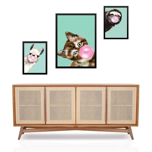 Set 3 Quadros Animais Bubble Gum Verde - Com Vidro Moldura Pr