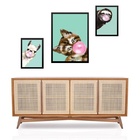 Set 3 Quadros Animais Bubble Gum Verde Moldura Preta