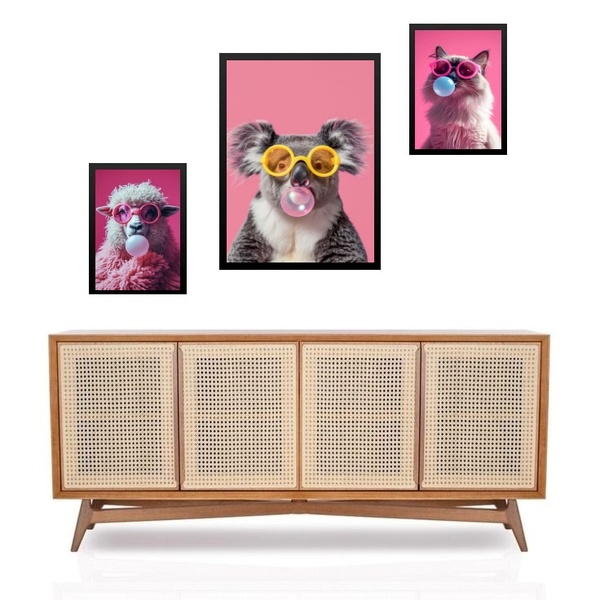 Set 3 Quadros Animais De Óculos - Chiclete - Com Vidro  Moldu