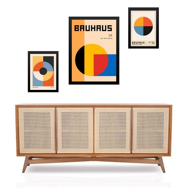 Set 3 Quadros Arte Colorida Bauhaus Moldura Preta