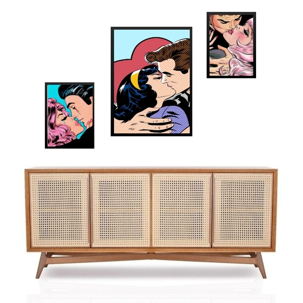 Set 3 Quadros Beijos Pop Art Moldura Branca
