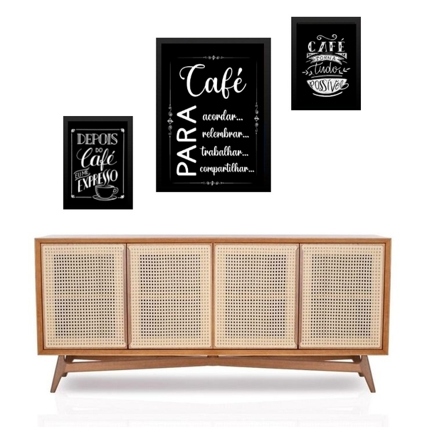 Set 3 Quadros Café Chalkboard Moldura Branca