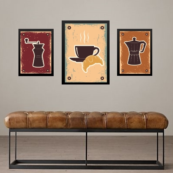 Set 3 Quadros Café Com Croissant - Com Vidro  Moldura Branca