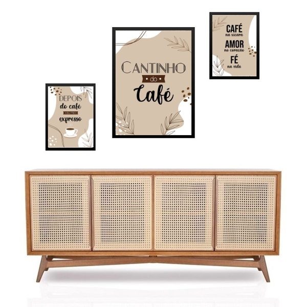 Set 3 Quadros Cantinho Do Café Abstrato Moldura Preta