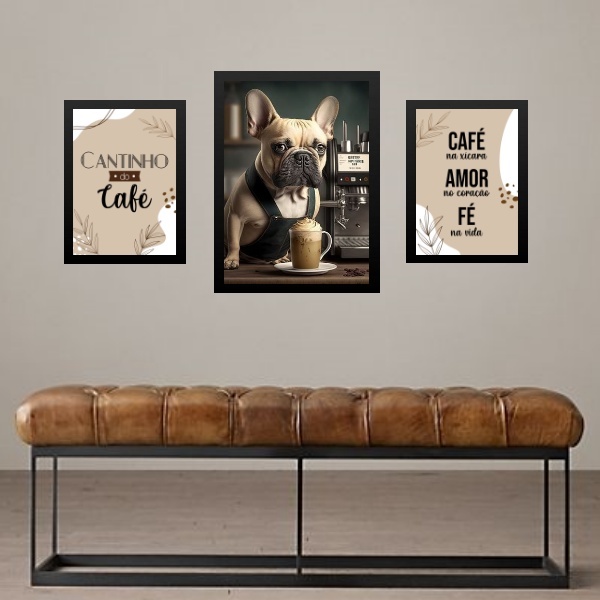 Set 3 Quadros Cantinho Do Café Bulldog Francês Moldura Preta