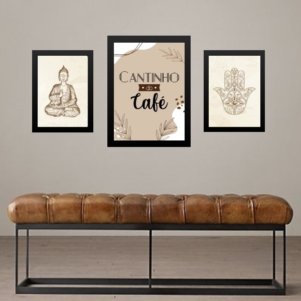 Set 3 Quadros Cantinho Do Café Zen Moldura Branca