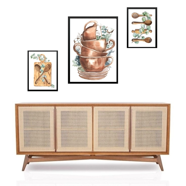 Set 3 Quadros Cozinha - Folhinhas Moldura Branca