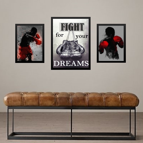 Set 3 Quadros Decorativos Esporte Boxe Moldura Branca