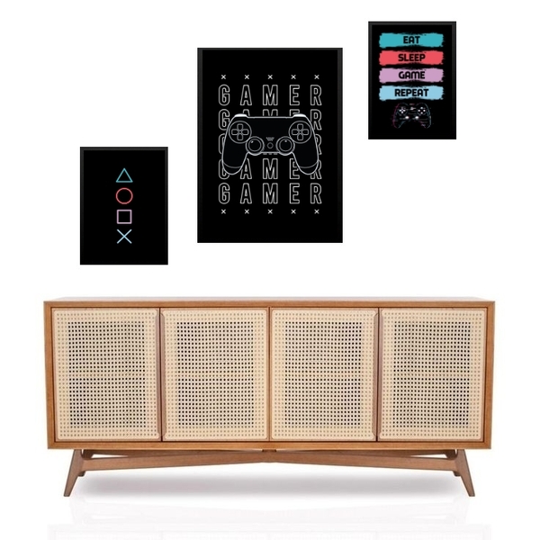 Set 3 Quadros Decorativos Gamer Preto Moldura Branca