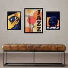 Set 3 Quadros Decorativos Jazz - Posters - Com Vidro  Moldura