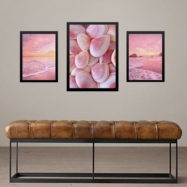 Set 3 Quadros Decorativos Praia Rosa Moldura Preta