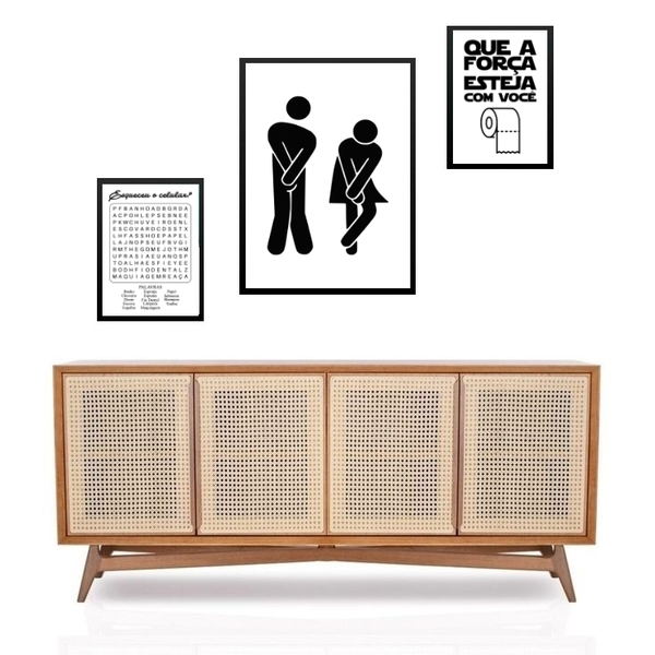 Set 3 Quadros Divertidos Banheiro Unissex Moldura Preta