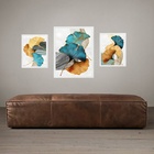 Set 3 Quadros Folhas Azul Com Dourado - Com Vidro  Moldura Br