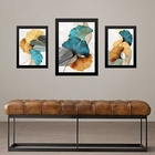 Set 3 Quadros Folhas Azul Com Dourado - Com Vidro Moldura Pre