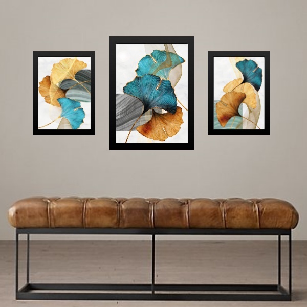 Set 3 Quadros Folhas Azul Com Dourado - Com Vidro Moldura Pre