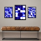 Set 3 Quadros Geométricos Azul E Branco - Com Vidro Moldura P