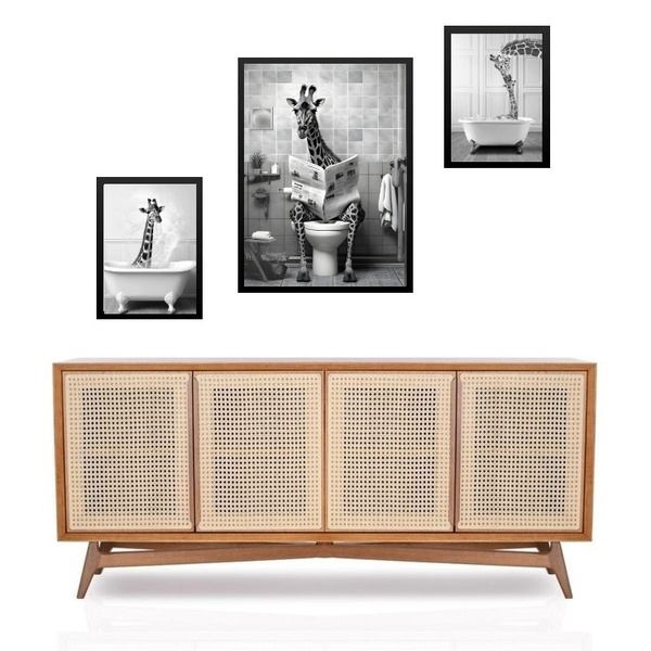 Set 3 Quadros Girafa No Banheiro - Com Vidro  Moldura Branca