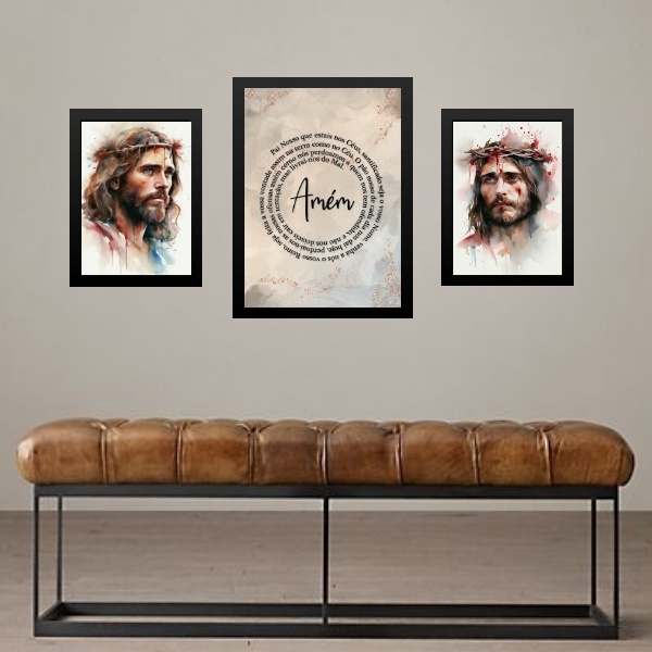 Set 3 Quadros Jesus Cristo - Pai Nosso - Com Vidro Moldura Pr