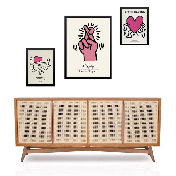 Set 3 Quadros Keith Haring - Rosa - Com Vidro Moldura Preta