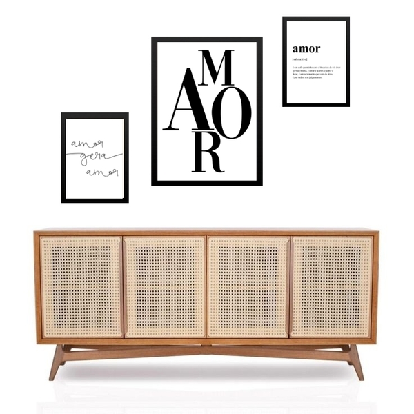 Set 3 Quadros Minimalistas Amor - Com Vidro Moldura Preta