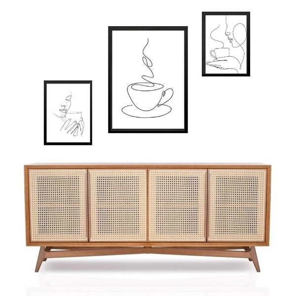 Set 3 Quadros Minimalistas Café - One Line - Com Vidro  Moldu