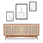 Set 3 Quadros Minimalistas Café - One Line Moldura Branca