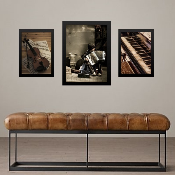 Set 3 Quadros Músico - Instrumentos Musicais Moldura Preta