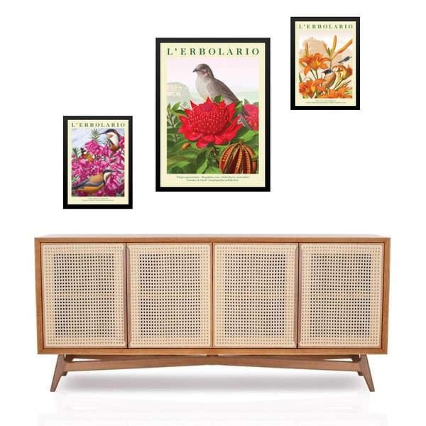 Set 3 Quadros Pássaros Flores Coloridas - Com Vidro  Moldura