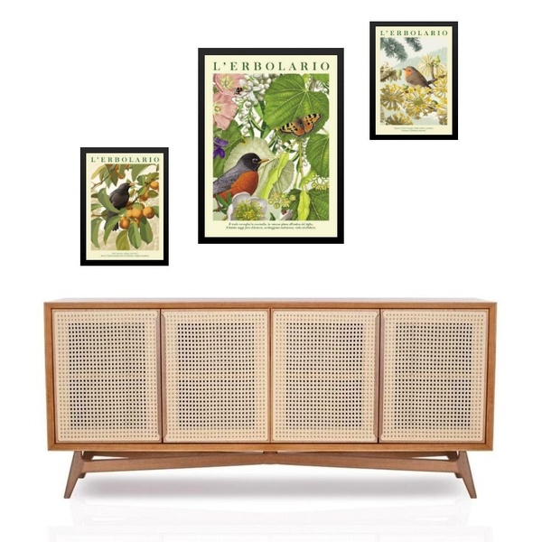 Set 3 Quadros Pássaros Flores E Frutas Moldura Preta