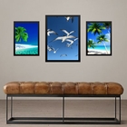 Set 3 Quadros Praia Azul - Gaivotas Moldura Branca
