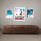 Set 3 Quadros Praia Coqueiros Rosa - Com Vidro Moldura Preta