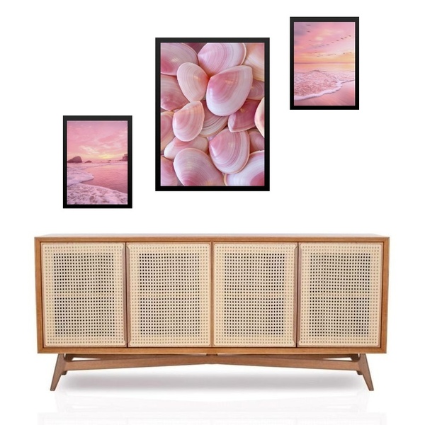 Set 3 Quadros Praia Cor De Rosa - Com Vidro  Moldura Branca