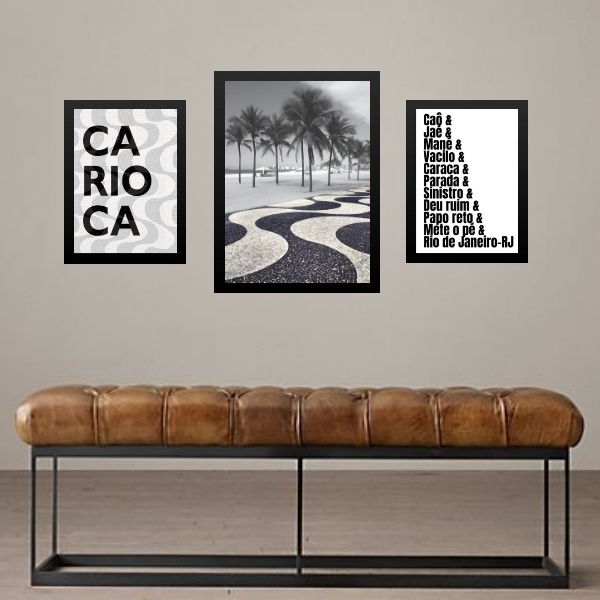 Set 3 Quadros Rio De Janeiro - Gírias E Foto - Com Vidro Mold